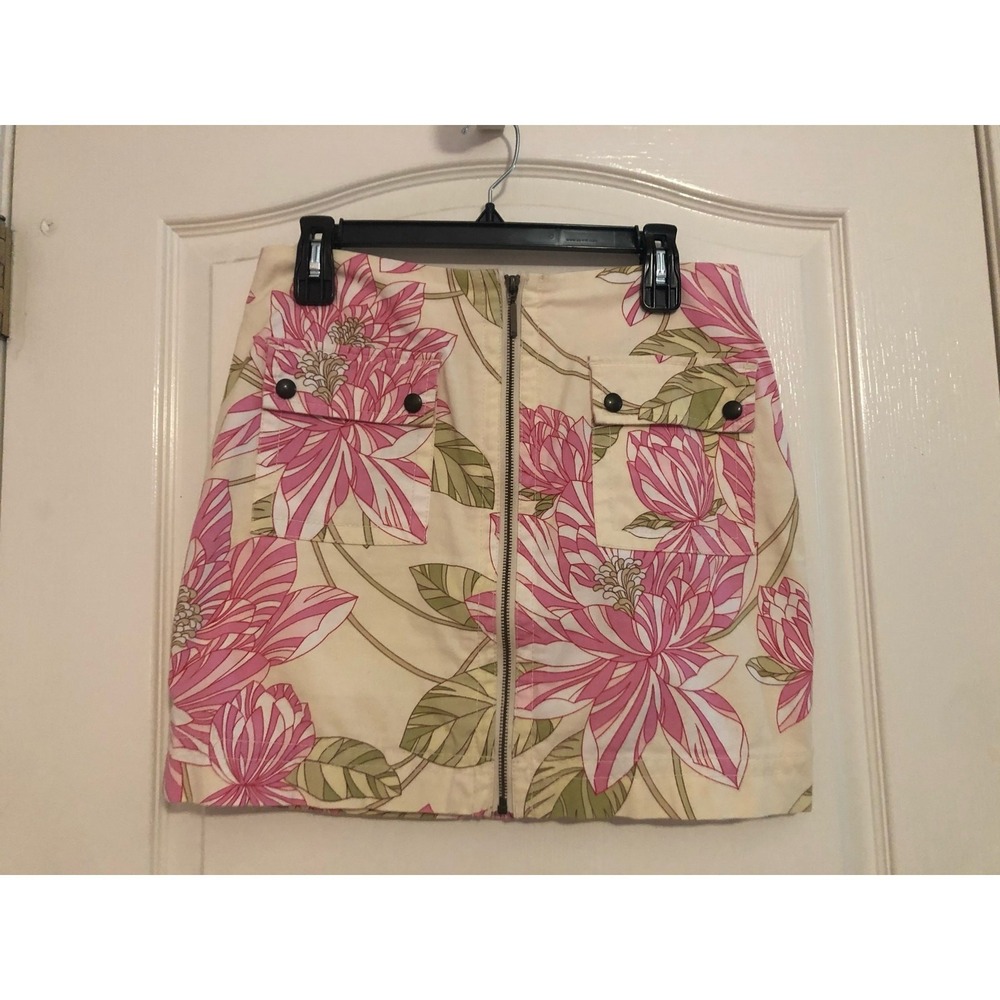 Tommy Hilfiger Floral Mini Skirt Front Zip Pockets Pink Green‎ Beige Tropical 6
